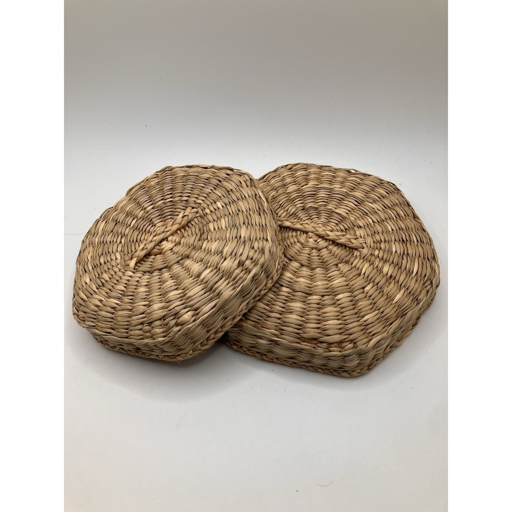 Vintage Woven Straw Basket Storage Container Replacement Lids Lot Of 2 Read